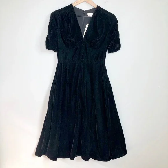 New Velvet Fit & Flare Princess Midi Dress Pleated Ruched Whimsigoth Dark Formal - Picture 5 of 9